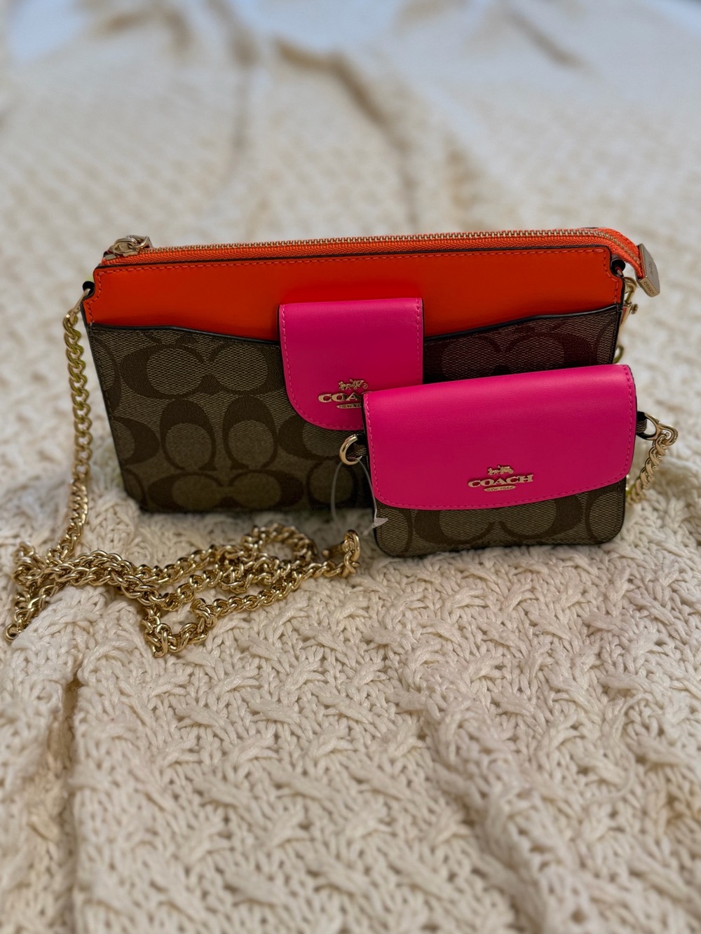Coach Signature Pink & Orange Crossbody Bag Set with Matching Coin Purse